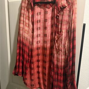 Free People Red Plaid Button Down Shirt